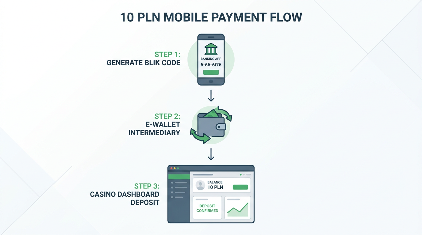 Infografika przedstawiająca proces wpłaty 10 zł do kasyna przez BLIK i portfel elektroniczny