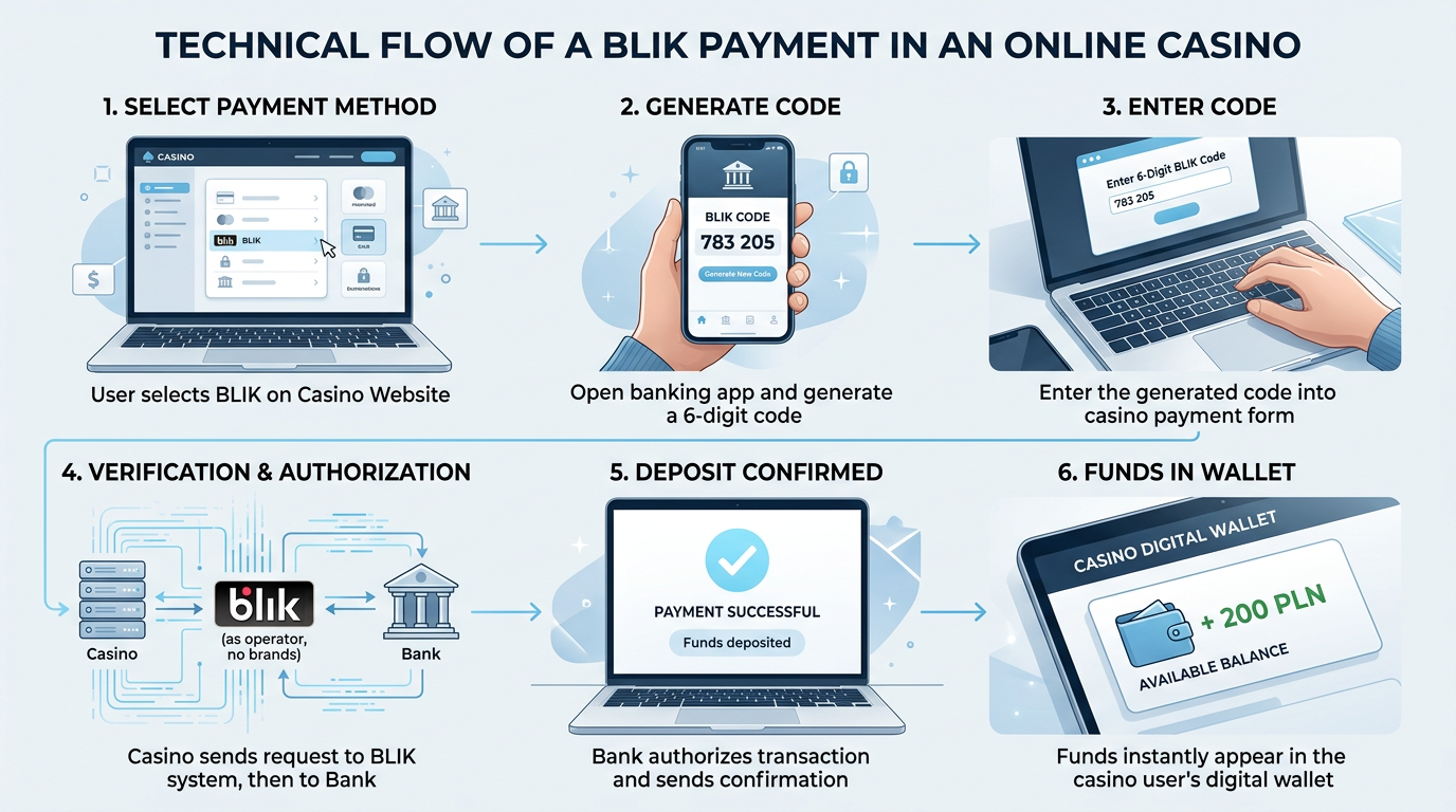 Infografika przedstawiająca techniczny proces płatności BLIK w kasynie online