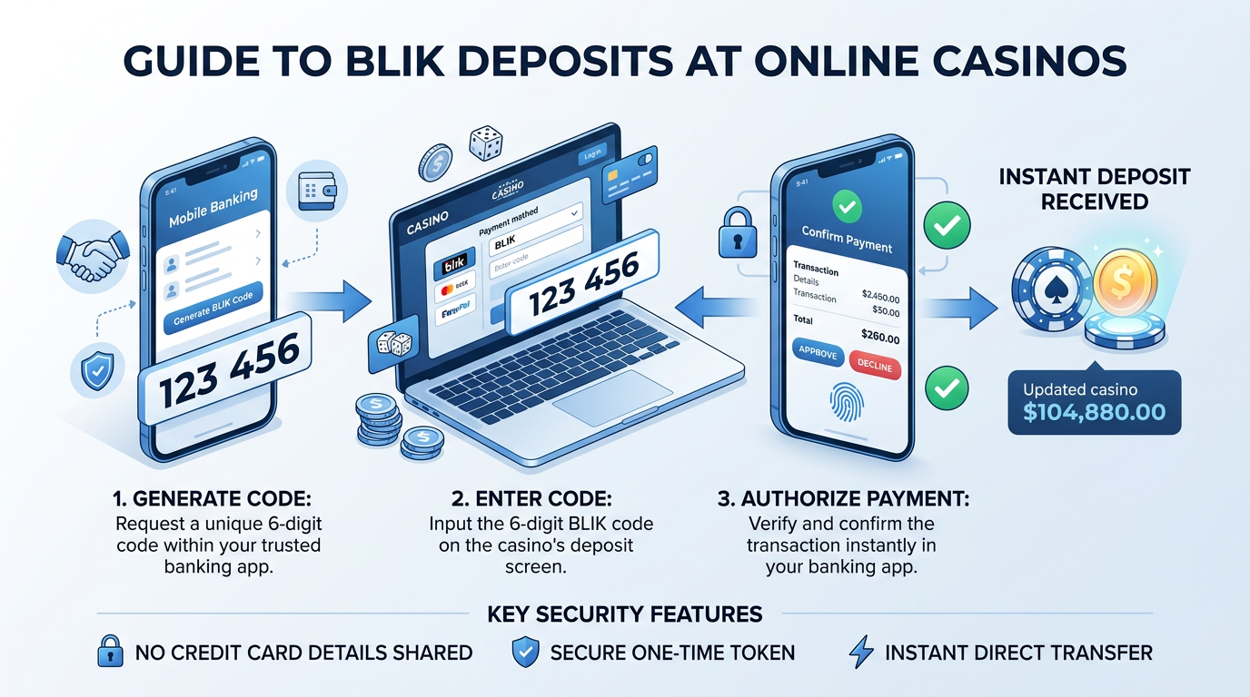Infografika przedstawiająca proces bezpiecznej płatności BLIK w kasynie online bez udostępniania danych karty