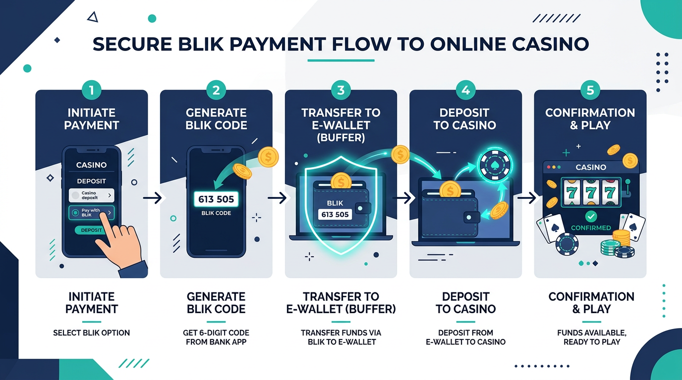 Infografika pokazująca bezpieczny proces depozytu BLIK przez portfel elektroniczny do kasyna online