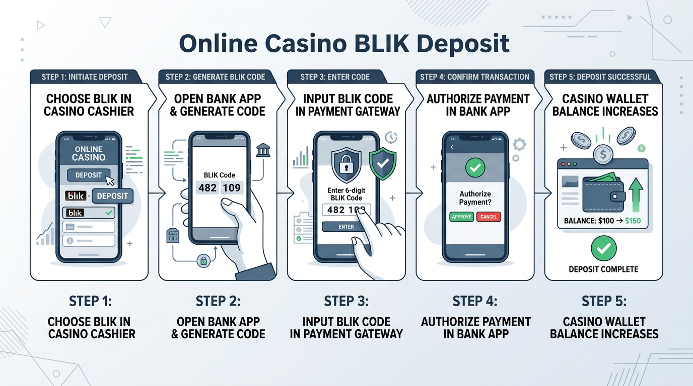 Infografika przedstawiająca proces wpłaty BLIK w nowym kasynie online krok po kroku